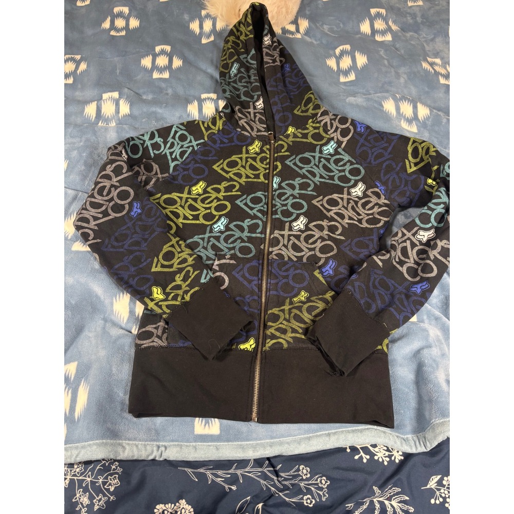 Fox Racing Womens Zip Up Hoodie Black All Over Logo Print Motocross Sweatshirt